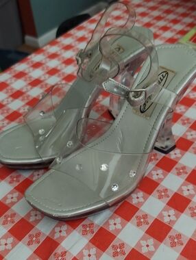 Mandee Clear Rhinestone Block Heel Sandals with Silver Trim